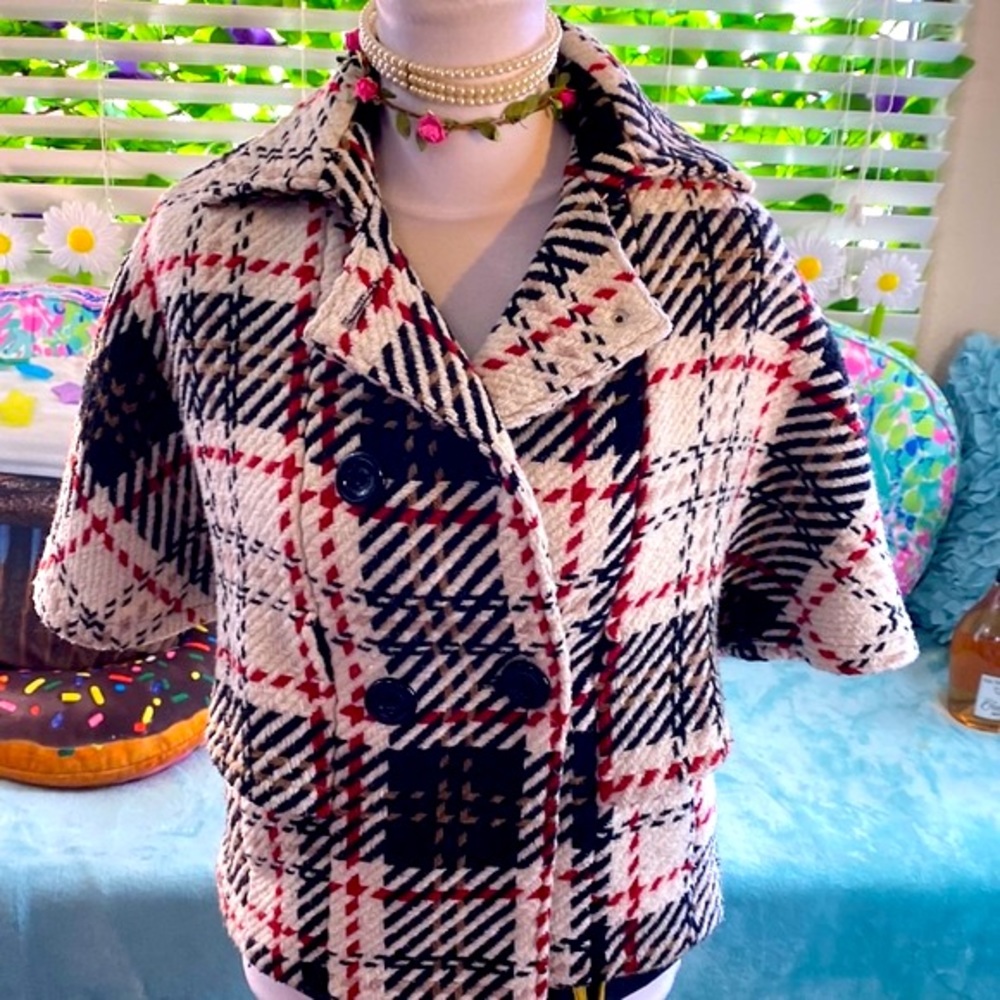 Classic cream, black and red woven plaid, double breasted cape style coat - Picture 2 of 8